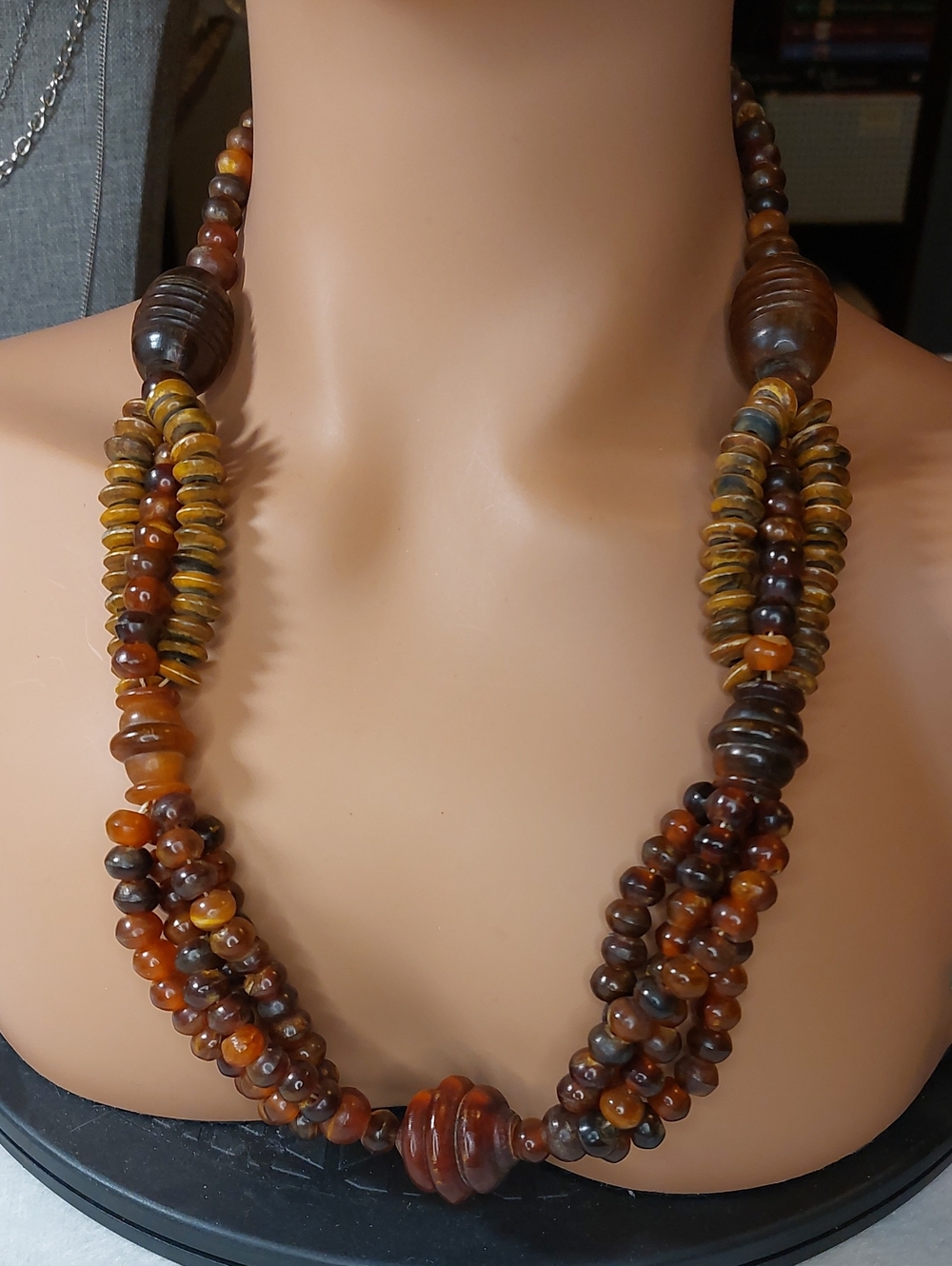 Vintage Multi-Strand Statement Necklace – Carved Bovine Horn & Amber-Tone Beads